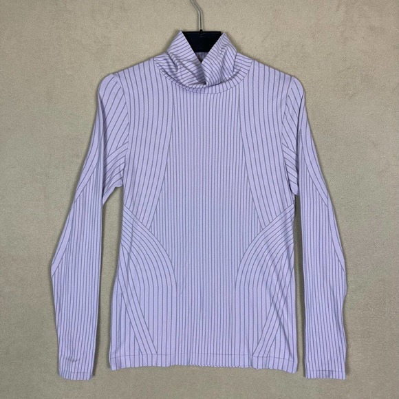 Athleta Long Sleeve Athletic Shirt Womens L Purple Striped Mock Neck Stretch - Picture 1 of 10